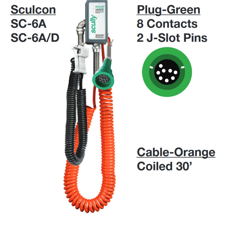 08248 Scully Sculcon SC-6A/D 30' Cable, Junction Box and Deadman Switch w/ - 30' Orange Coiled Cable - Green Plug w/ (8) Contacts and (2) J-Slot Pins.