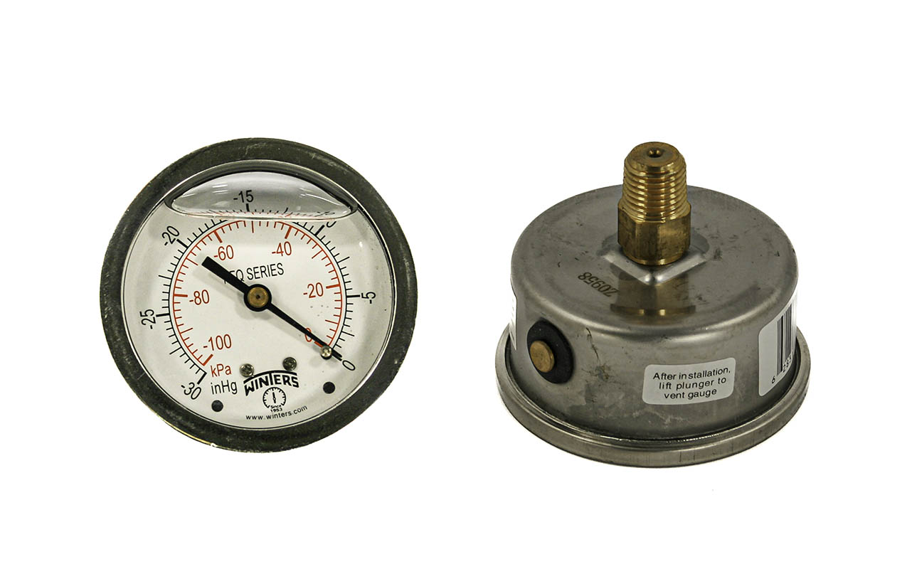 PFQ900 Winters Stainless Steel Liquid Filled Dual Scale Vacuum Gauge w/ - Brass Movement, Socket and Tube - 0-30
